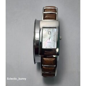 Ladies L7 Quartz Watch Silver Tone Wood Inlay Rectangle Face Bangle Style